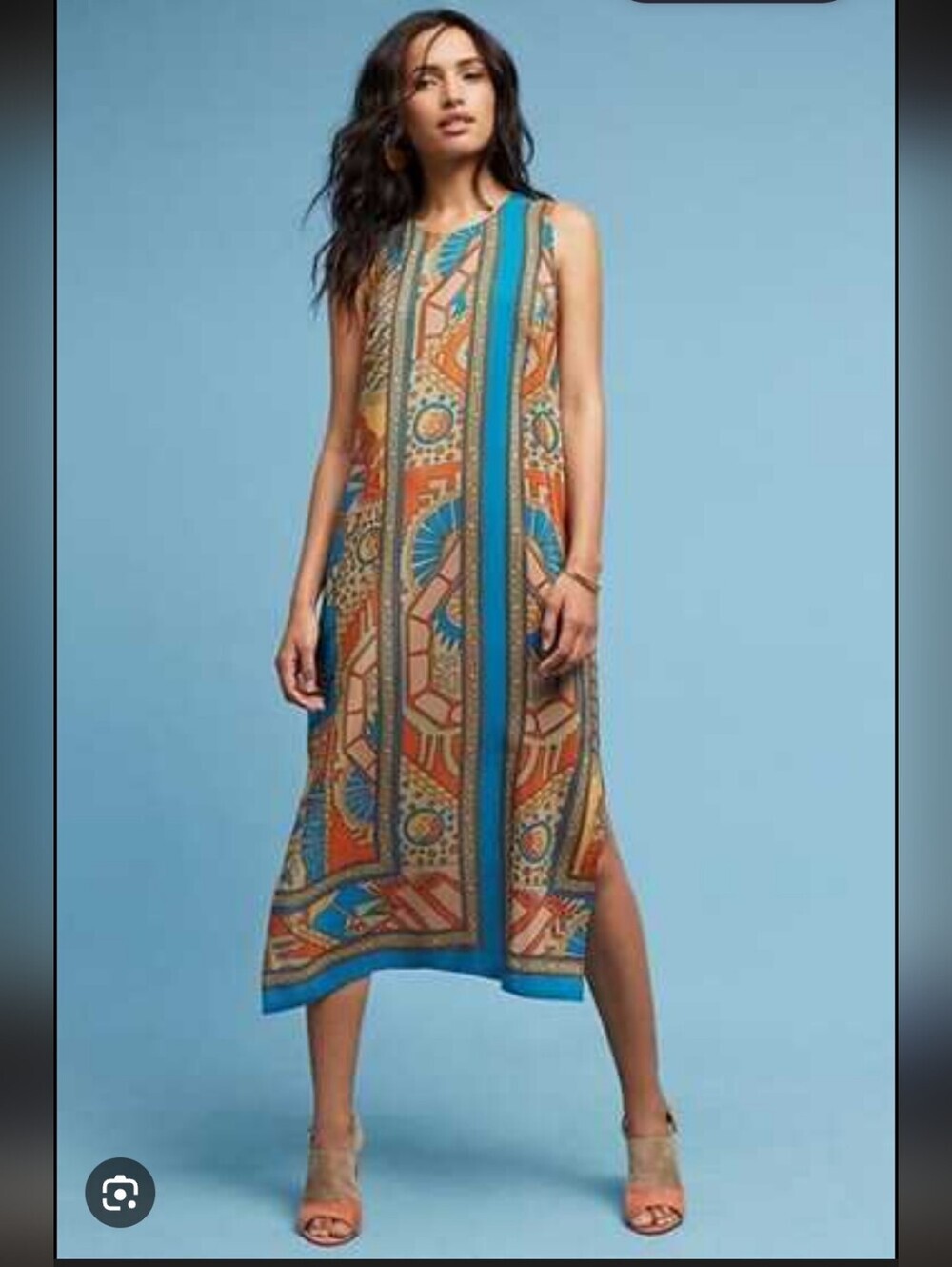 Akemi+ Kin Anthropologie Silk Geometric Print Dress_Turquoise & Orange_M